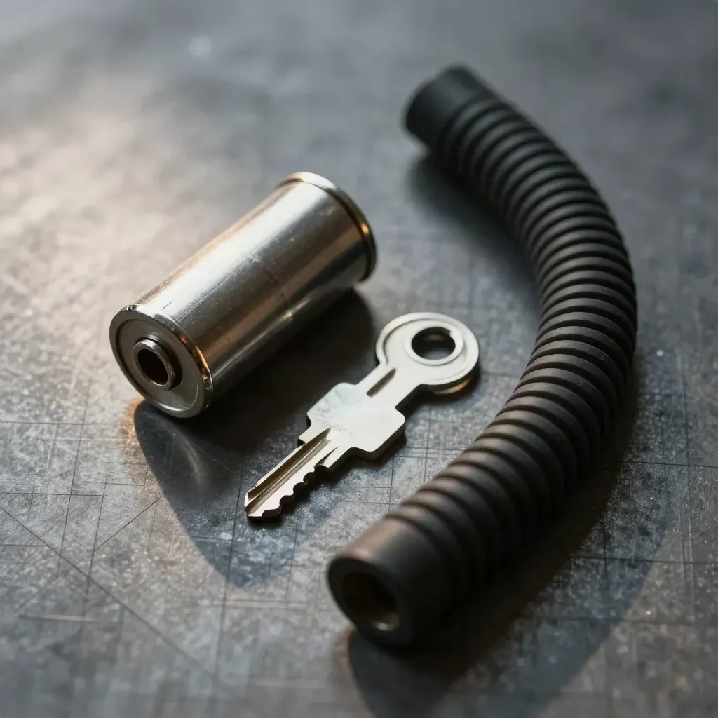 Mortise lock cylinder, key blank and rubber door seal on brushed steel under hard light