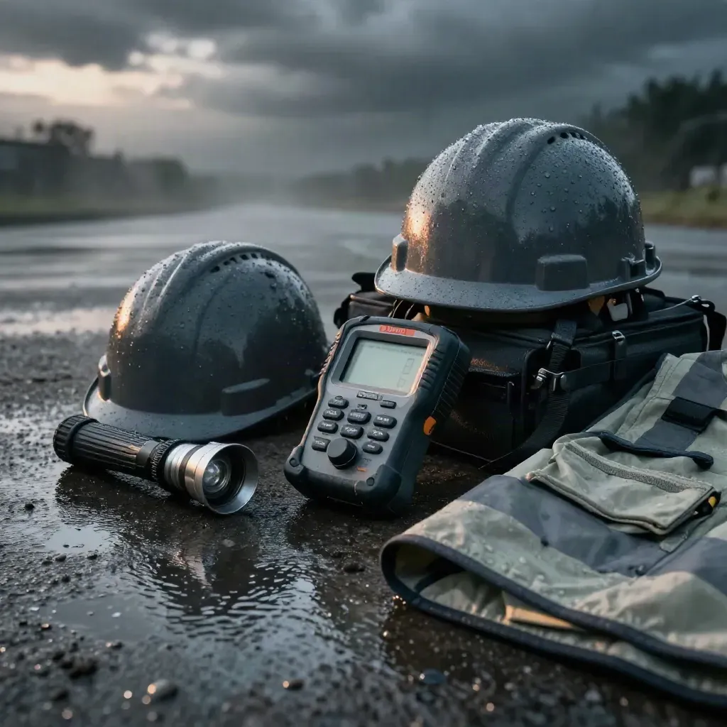 Rain-soaked safety kit on dark concrete, with hard hat, detector, torch, case and hi-vis vest