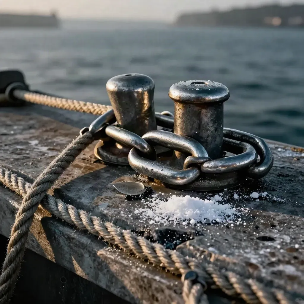 Dockside shackle, rope thimble, and worn metal coupling on a salt-streaked slab