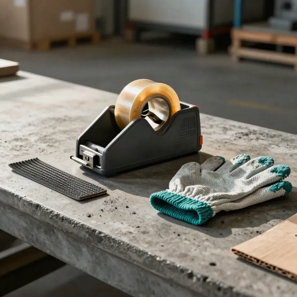 Retail operations kit on a warehouse bench in soft daylight, with tape dispenser and safety hardware.