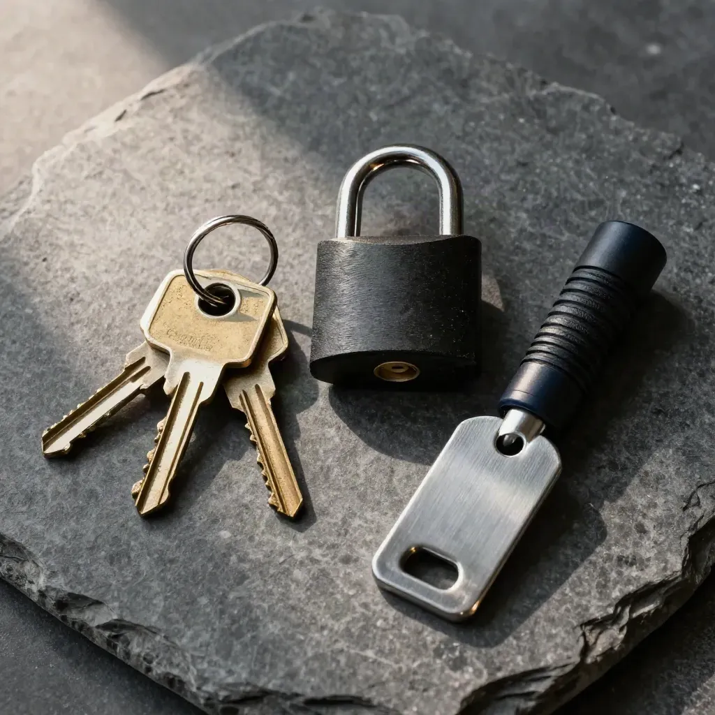 Facilities contractor tools: key ring, padlock, torch and steel tag clip on stone.