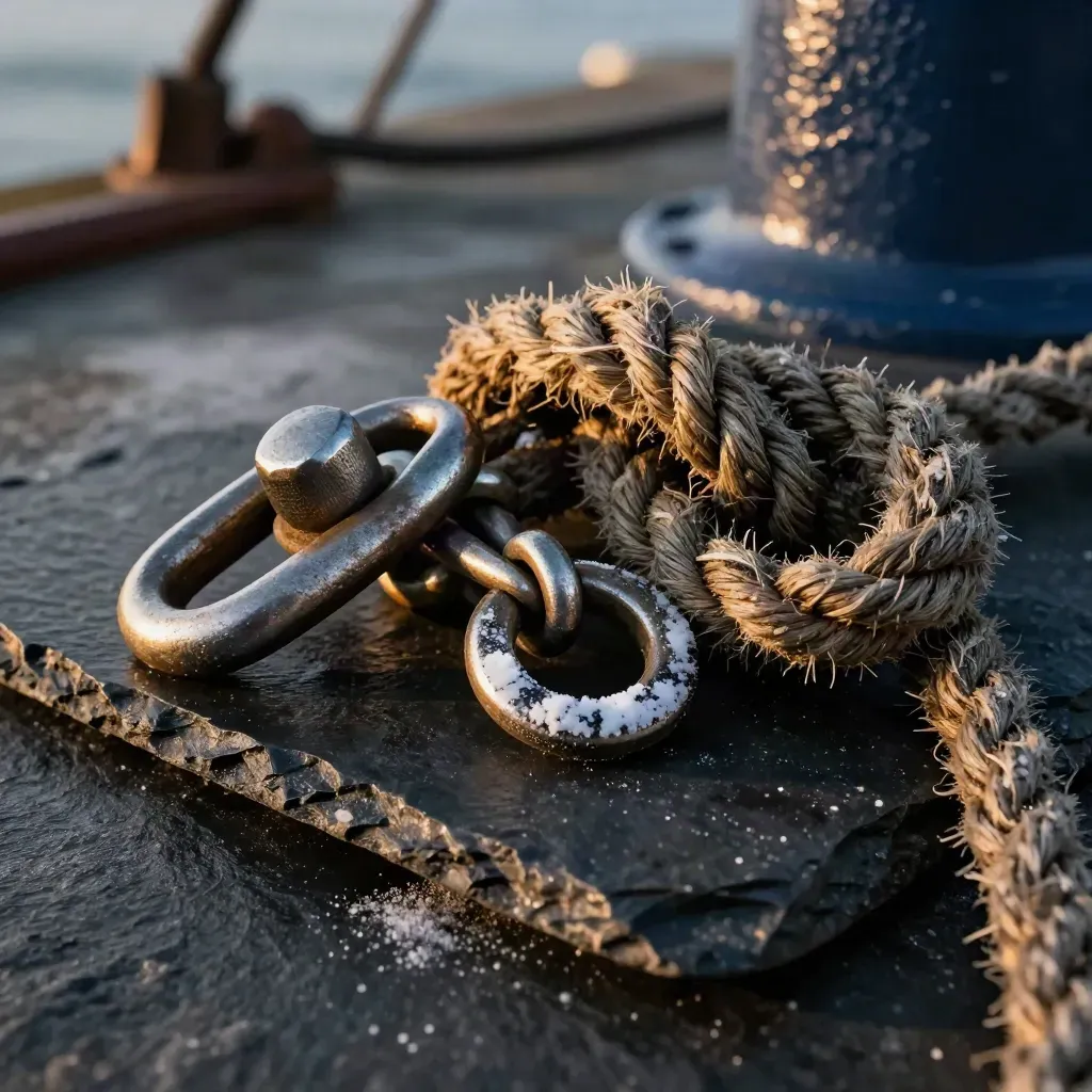 Macro harbour rigging hardware: shackle, thimble and rope eye on dark slate with salt mist