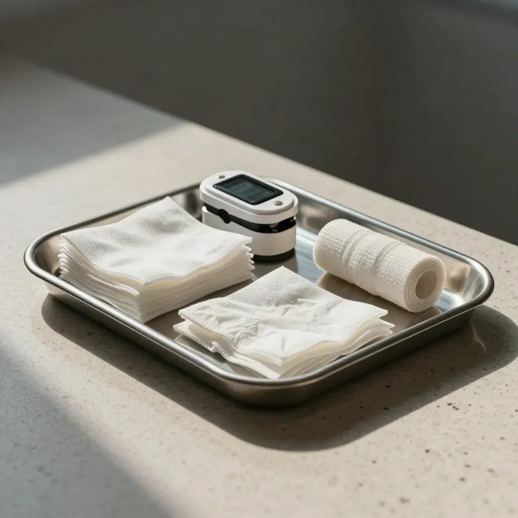 Stainless tray with pulse-ox clip, gauze pads, gloves, and bandage on travertine.