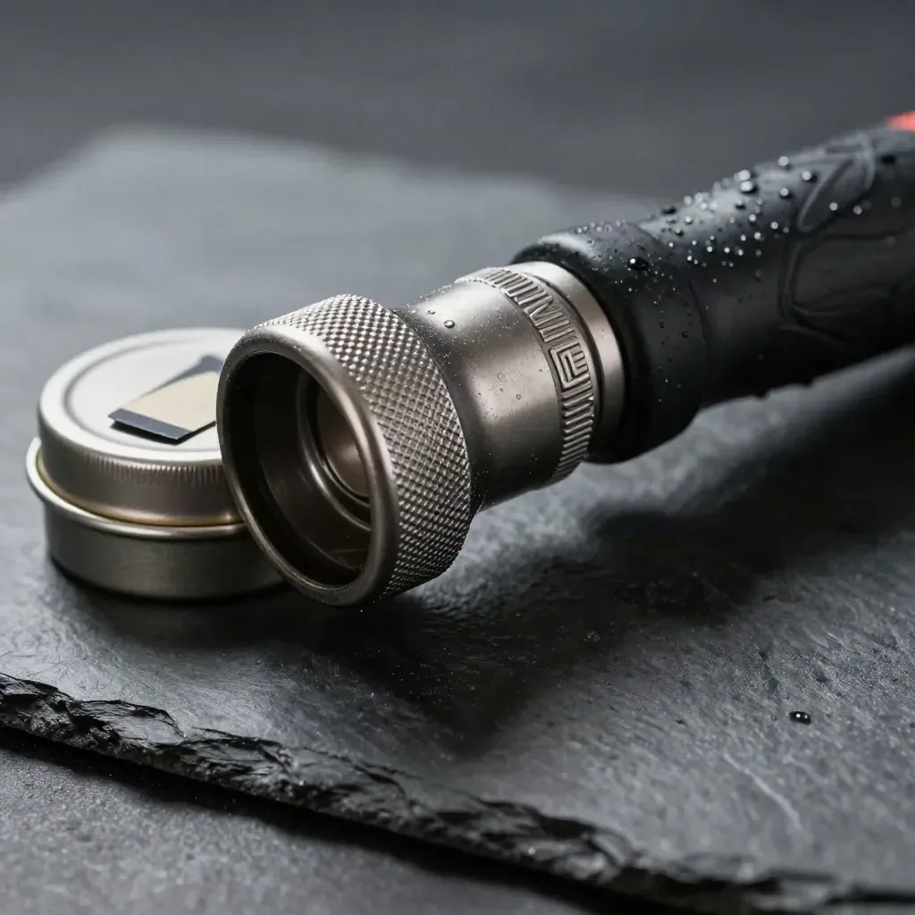 Macro of a rugged torch beside a sealed evidence tin and slate marker tab on graphite.