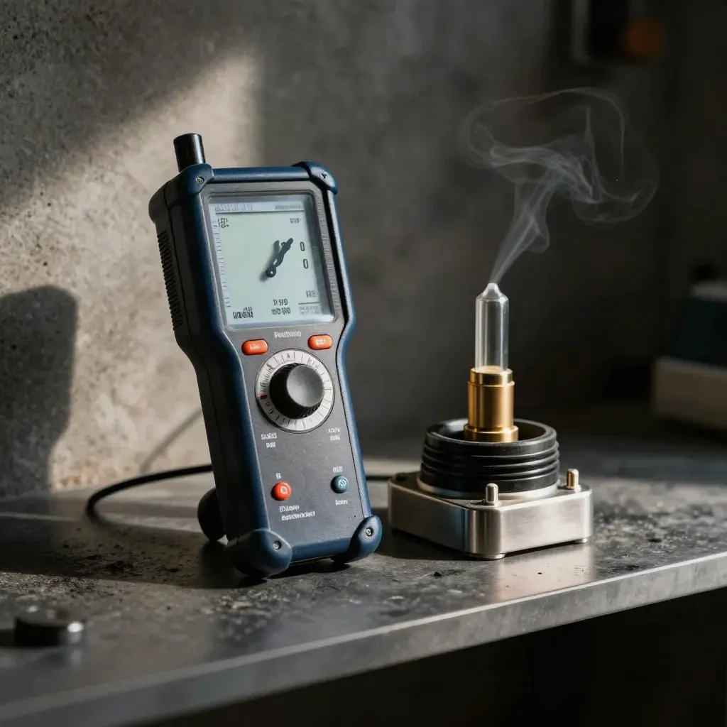 Multi-gas detector beside a spare sensor cap in a protective cradle on a dark service shelf.