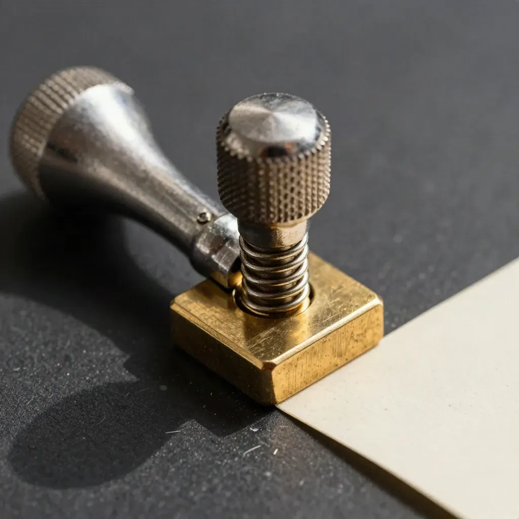 Extreme macro of a stainless inspection stamp and brass spring clip on charcoal surface