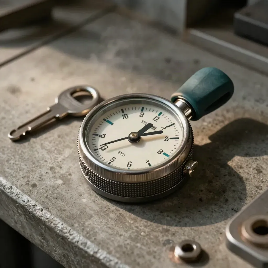 Industrial timer dial with marker tabs and a site key fob on concrete