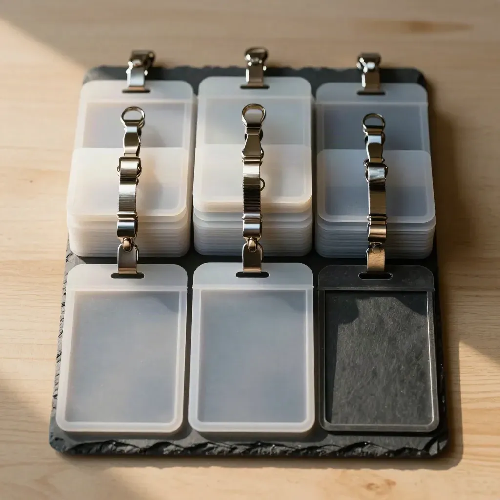 Flat lay of badge sleeves, clip rings and divider tray for training records on pale wood.