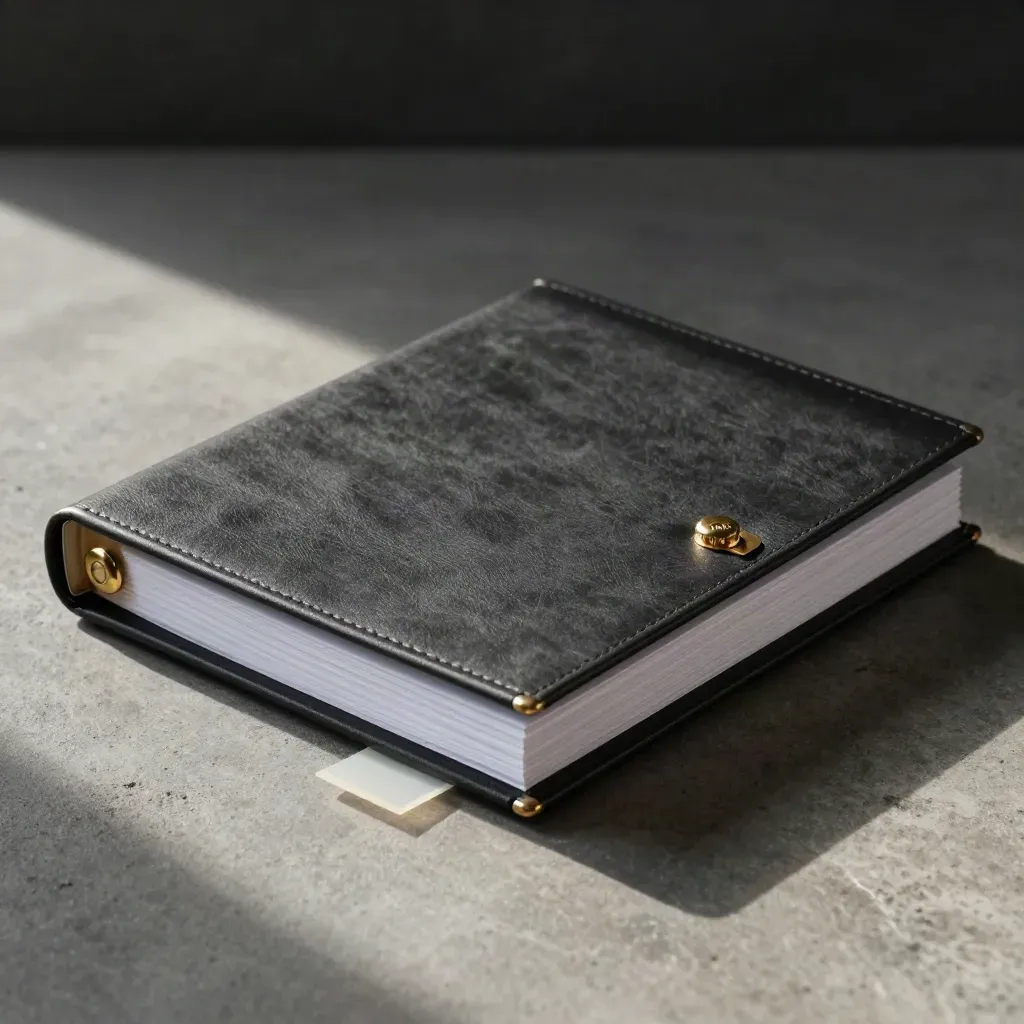 Closed lever-arch binder with brass fasteners and clear sleeve corners on a graphite surface.