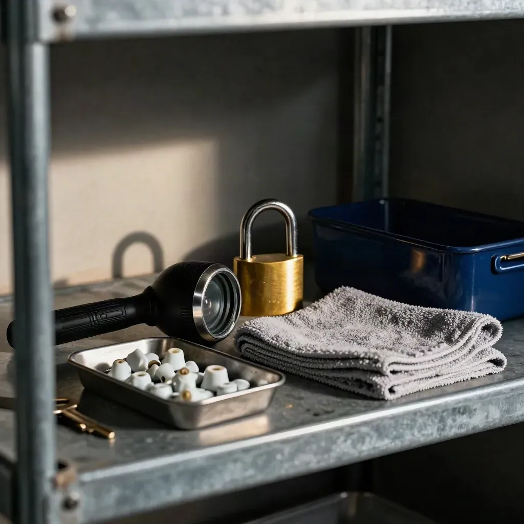 Maintenance kit on a utility shelf seen through blurred rack bars