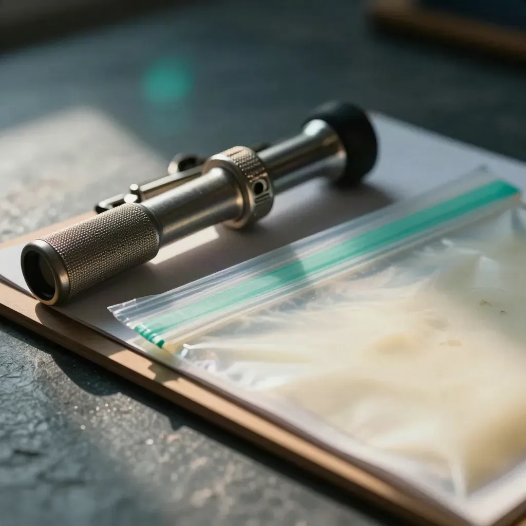 Macro of a torch, steel clip and sealed evidence pouch on slate stone
