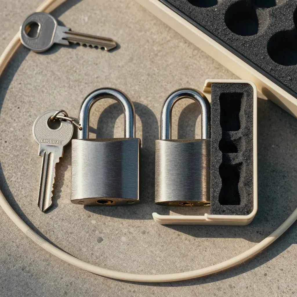 Overhead flat lay of padlocks, cable seal and lockout tray on concrete.
