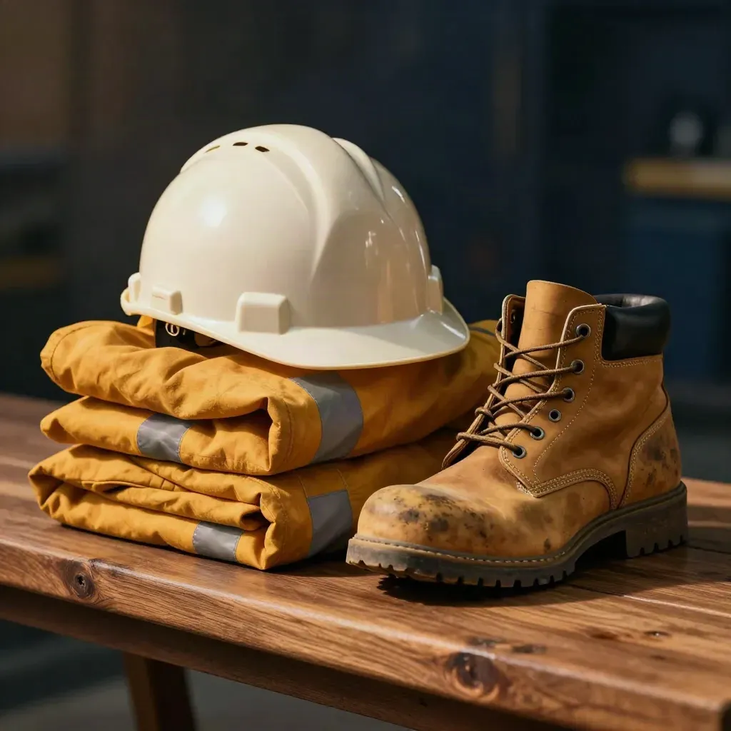 Folded hi-vis gear, safety boots and a hard hat on a walnut bench in warm bokeh light