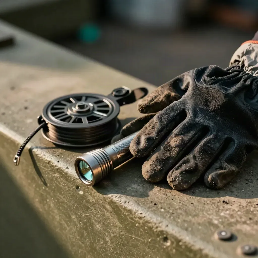 Black gloves, compact torch and inspection reel clip on a dark concrete ledge with teal glint