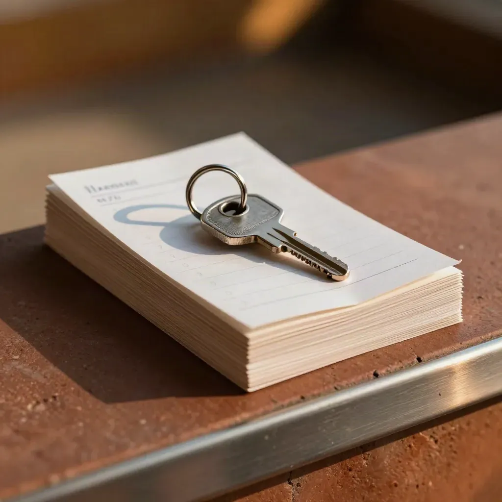 Key ring, note stack and checklist sleeve on a terracotta ledge in warm blur.