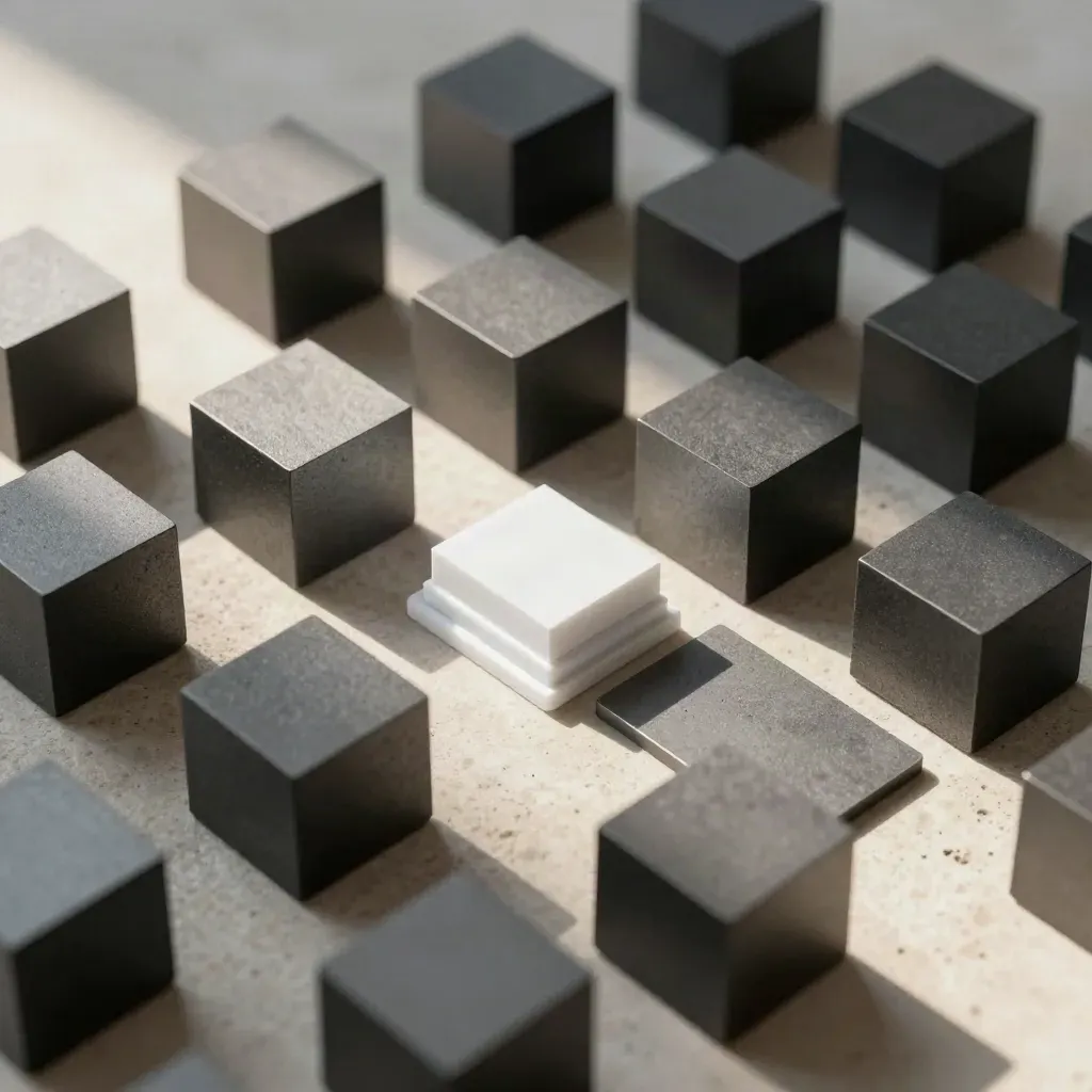 Graphite modular cubes with hidden magnets and a white spacer block on pale stone.