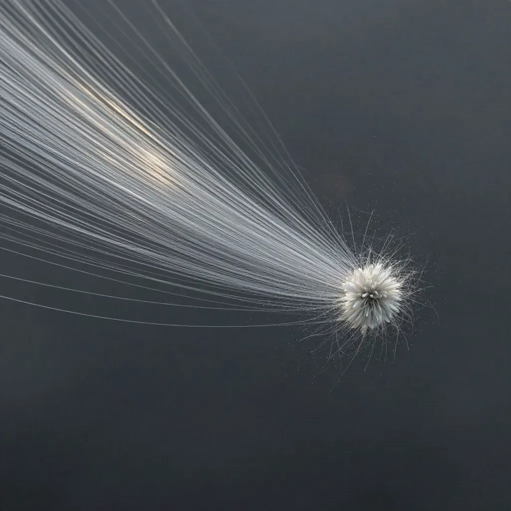 Silver filaments converge into a soft white bloom in dark graphite haze with drifting motes.